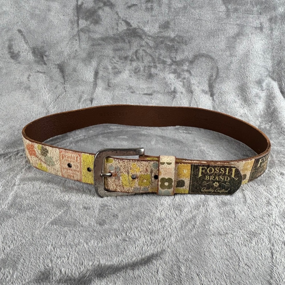 Vintage Fossil Brand Leather Belt Small Distressed Floral Patchwork Brown Multi - Picture 1 of 10